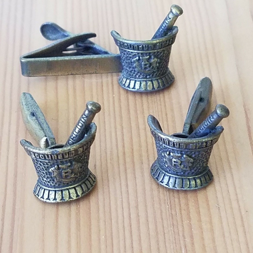 Vintage His Lordship Mortar Pestle Pharmacist Cufflinks Tie Clip Set PAT 2920363